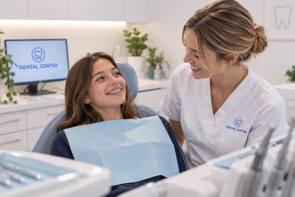 patient souriant avec l'orthodontiste, cabinet lumineux